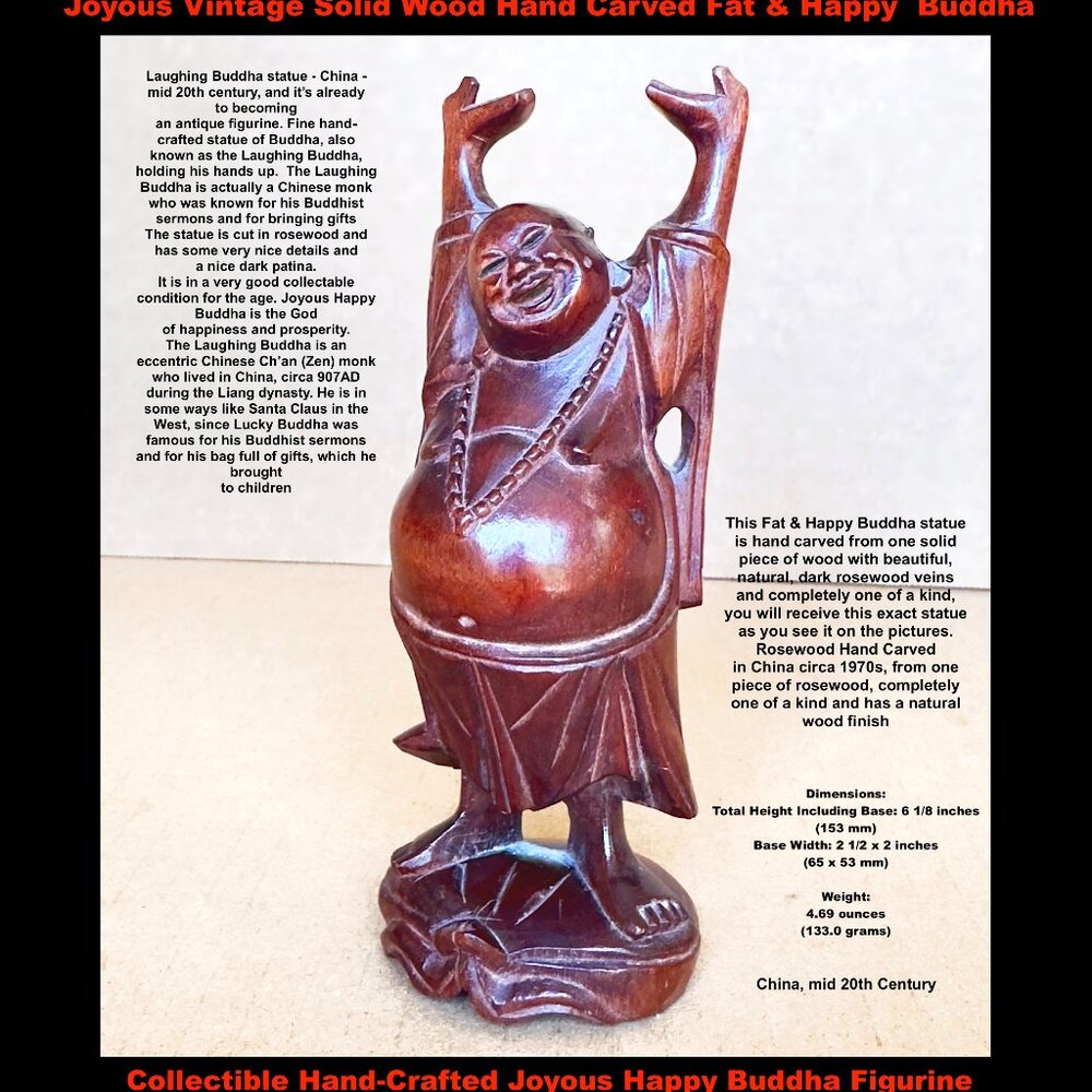 Fine Hand-Crafted Rosewood Laughing Buddha Statue China, mid 20th Century